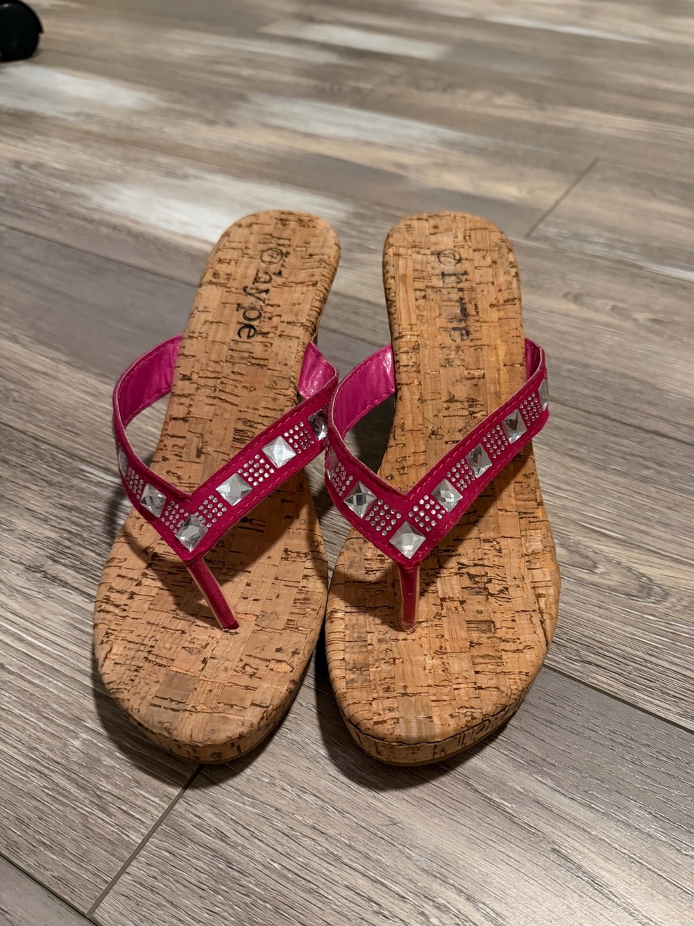 Pink Cork Wedge Flip Flops with Studded Straps -